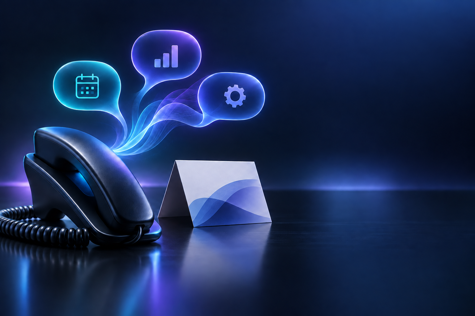 A dark desk phone beside a blank leaflet, with cyan and violet conversation waves above it.
